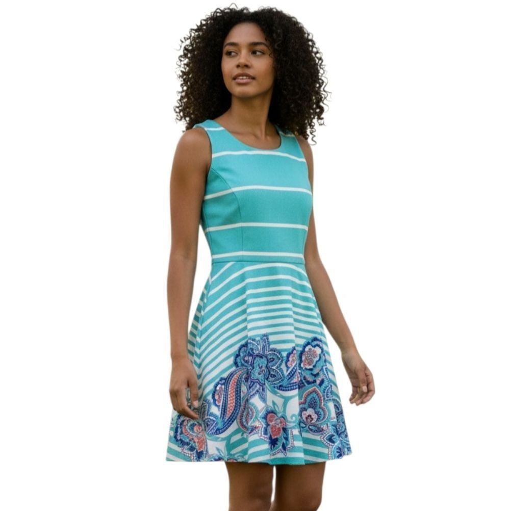 AS U WISH TURQUOISE & WHITE STRIPE & FLORAL DRESS SZ.L EUC.
